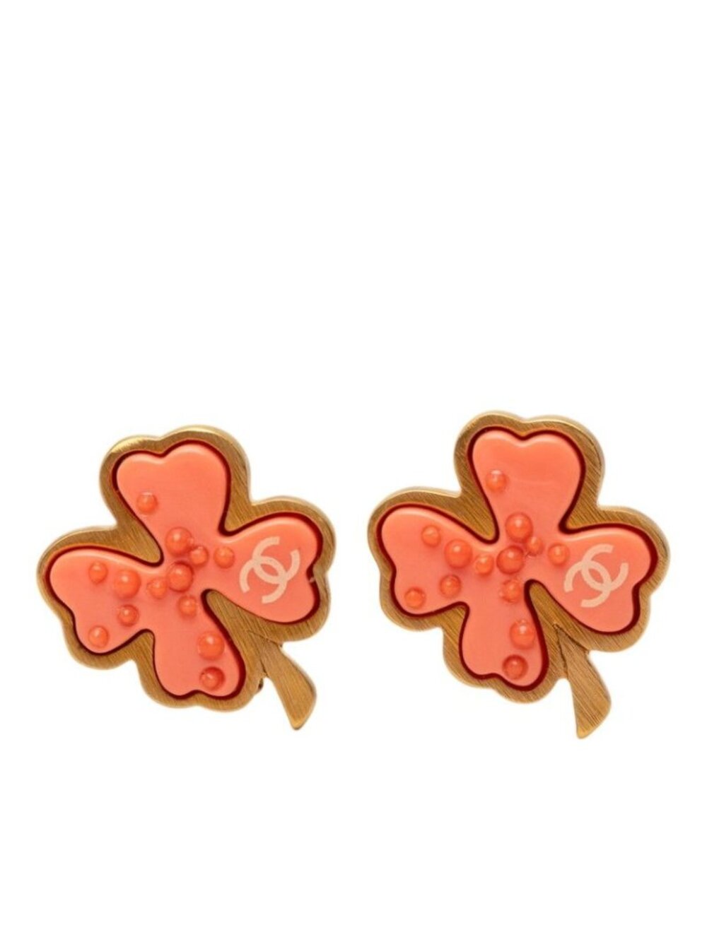 Chanel CC Logo Clover Motif Earrings Gold Pink Plated